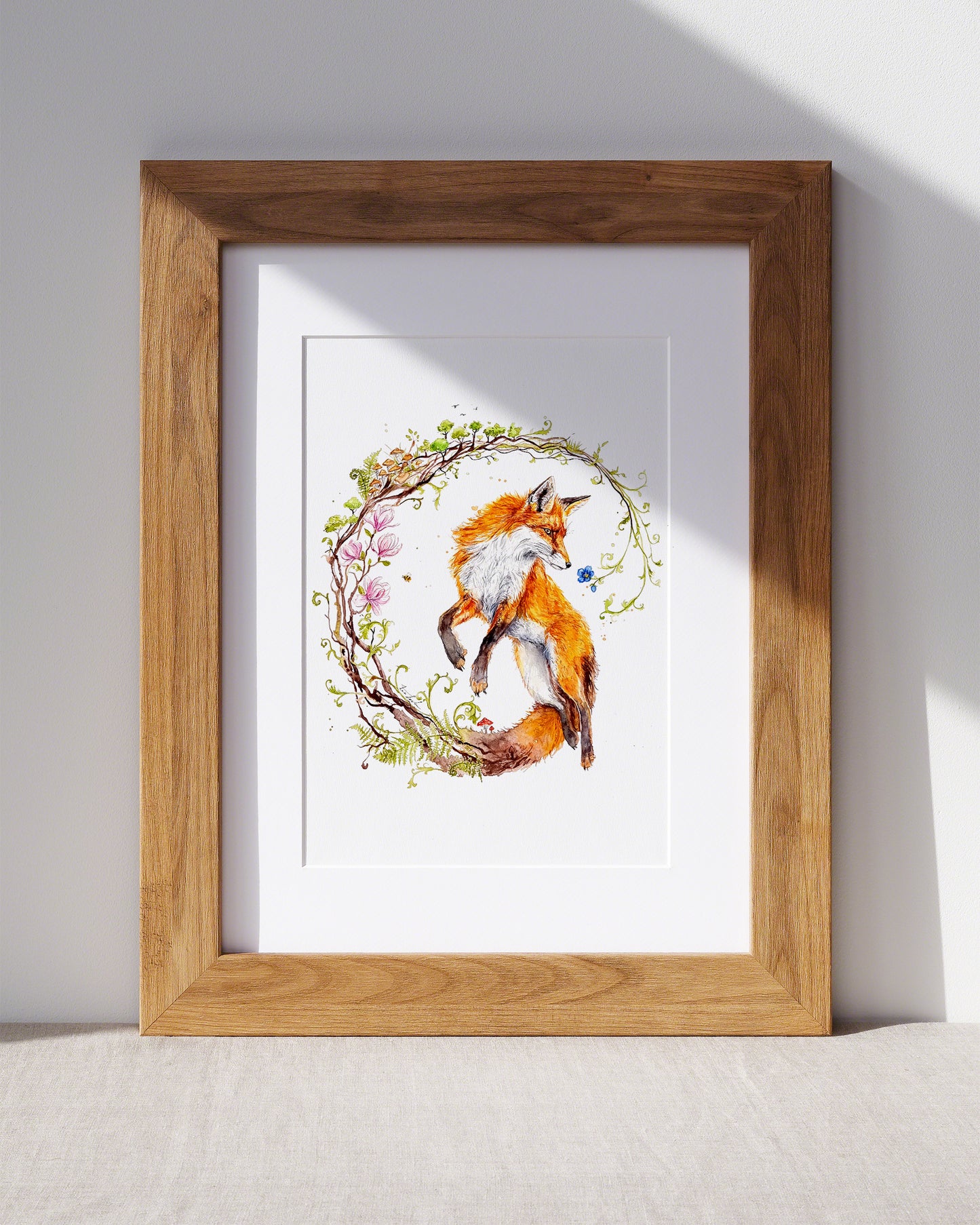 Springender Fuchs in Kreisillustration - Aquarell Kunstdruck