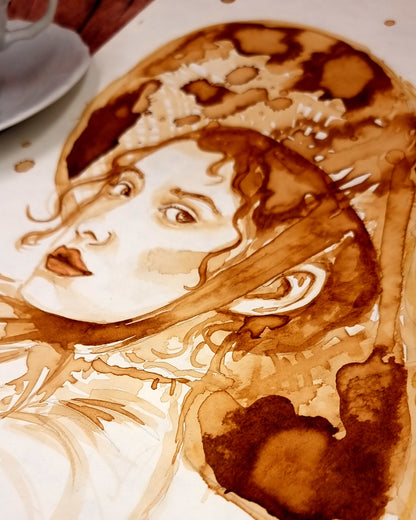 Joline - Frauenportrait in Kaffee - Kafeemalerei