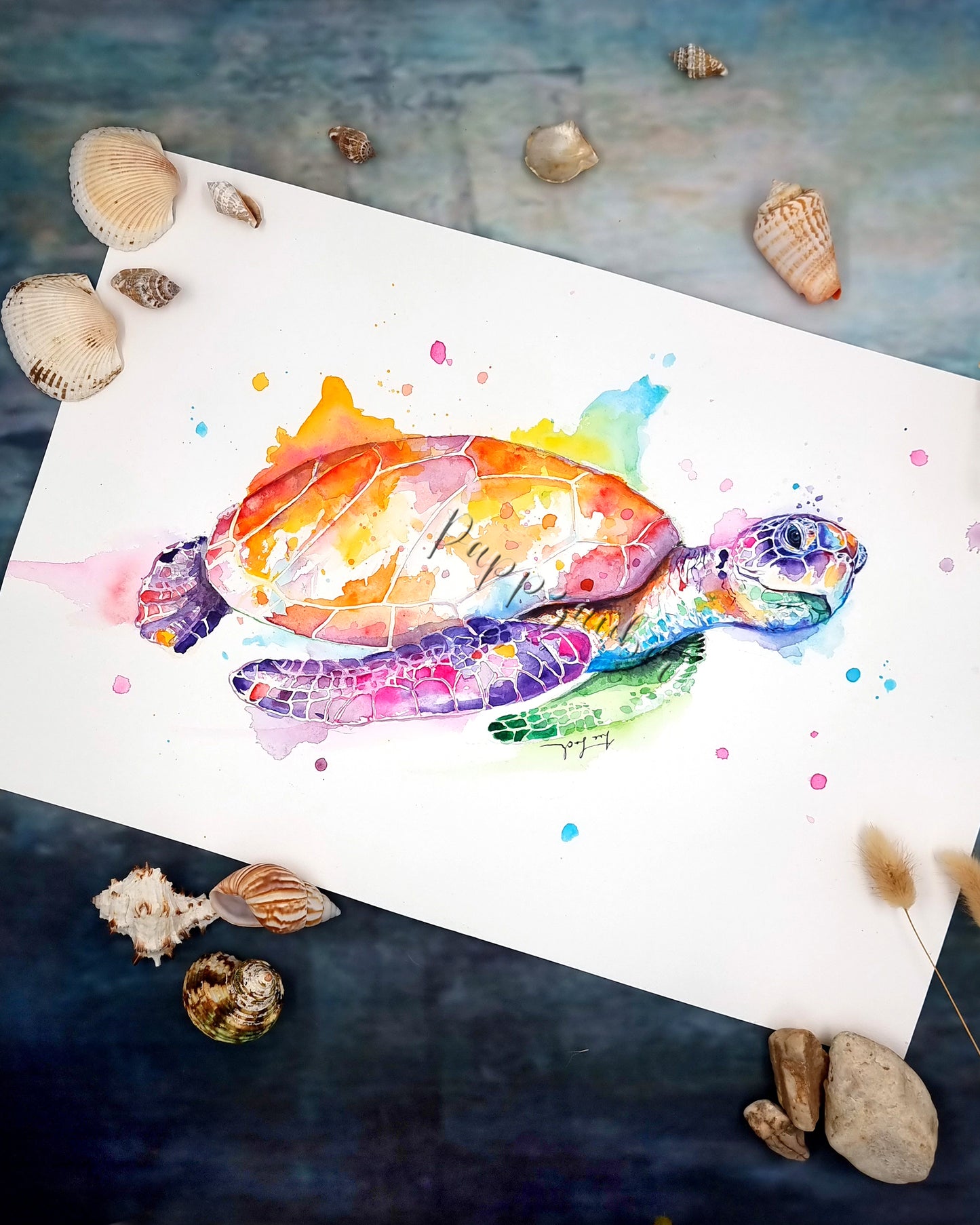 Meeresschildkröte Fjella - Farbenfrohes Aquarellgemälde (Kunstdruck) -