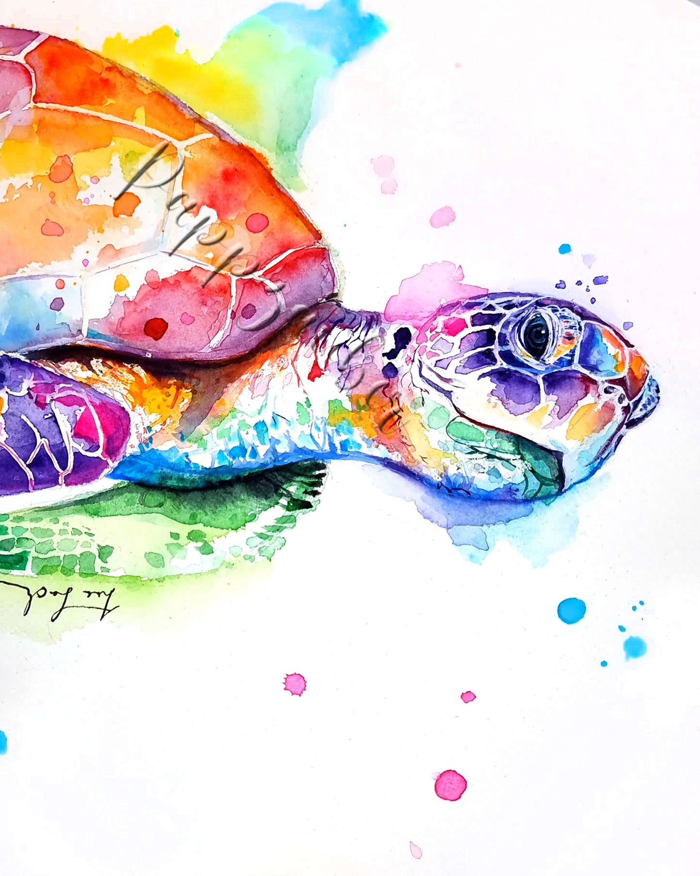 Meeresschildkröte Fjella - Farbenfrohes Aquarellgemälde (Kunstdruck) -