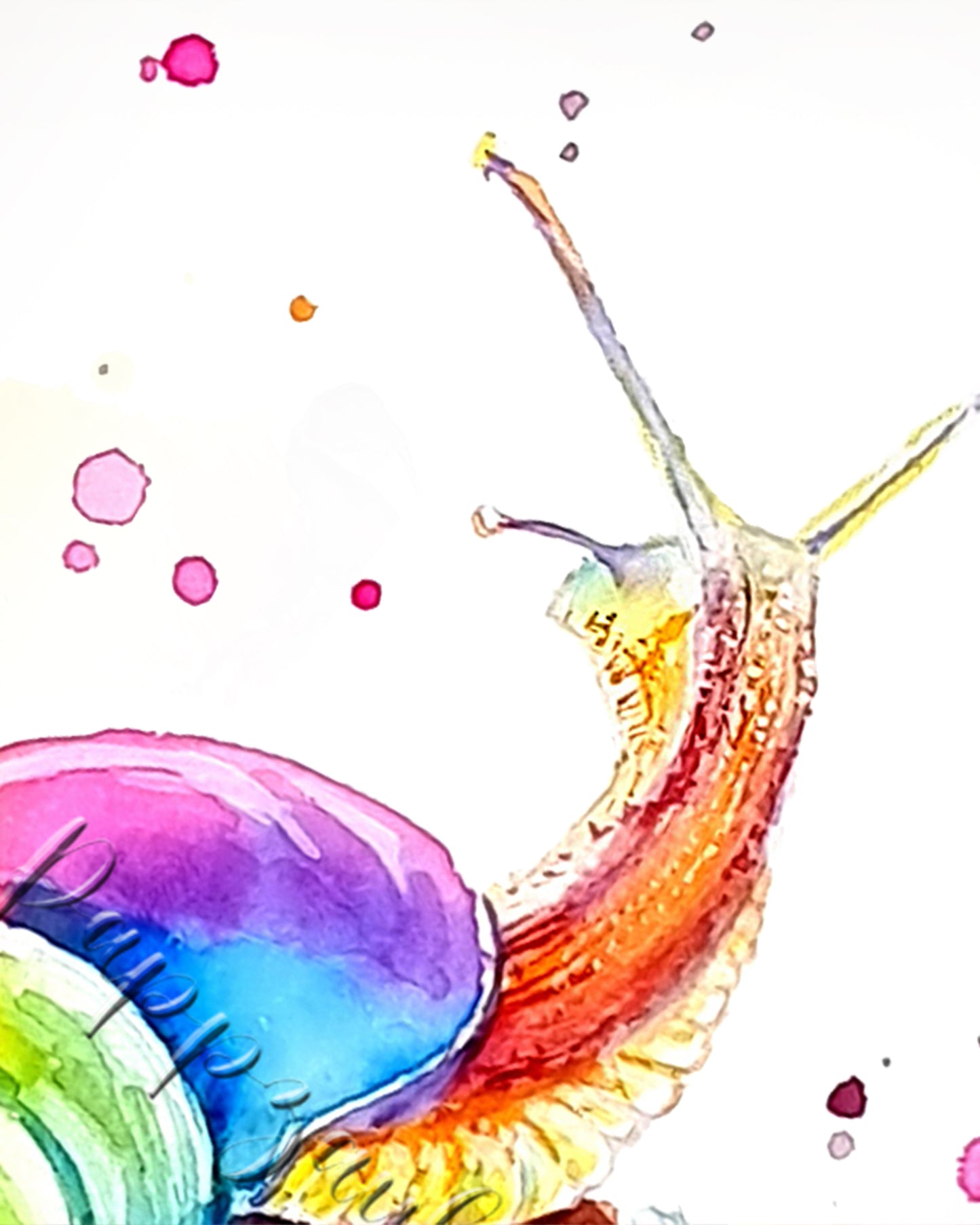 Aquarellbild von einer bunten Schnecke auf Pilzen - Minna