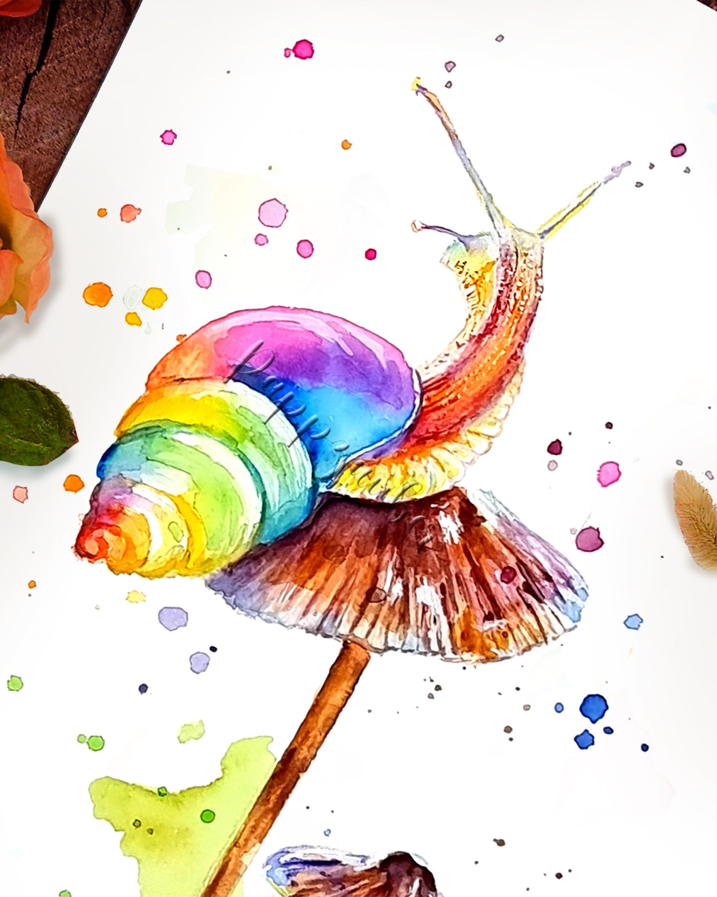 Aquarellbild von einer bunten Schnecke auf Pilzen - Minna