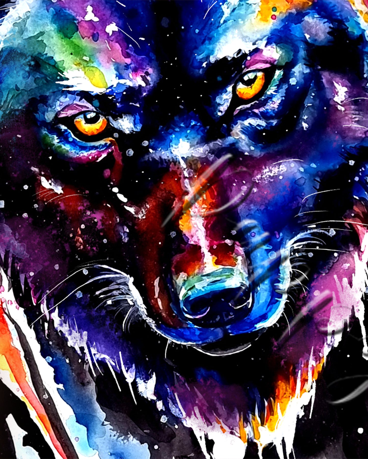 Aquarellbild von einem schwarzen Wolf - Yurek