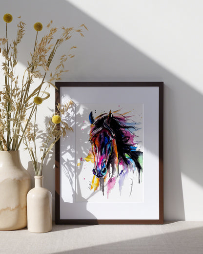 Schwarzes Pferd in Aquarell - Farbenfroher Kunstdruck - Pferd Mystery
