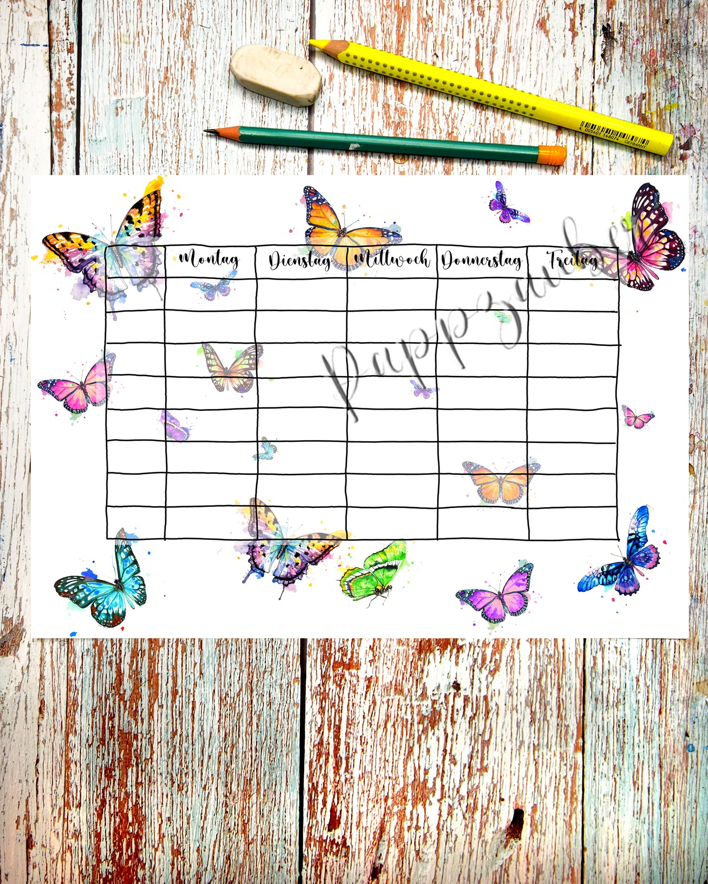Stundenplan mit Schmetterlingen zum herunterladen und ausdrucken