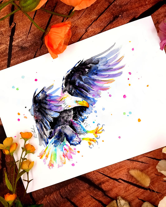 Bunter Weißkopfseeadler in Aquarell - Farbenfroher Kunstdruck - Weißkopfseeadler Aquila