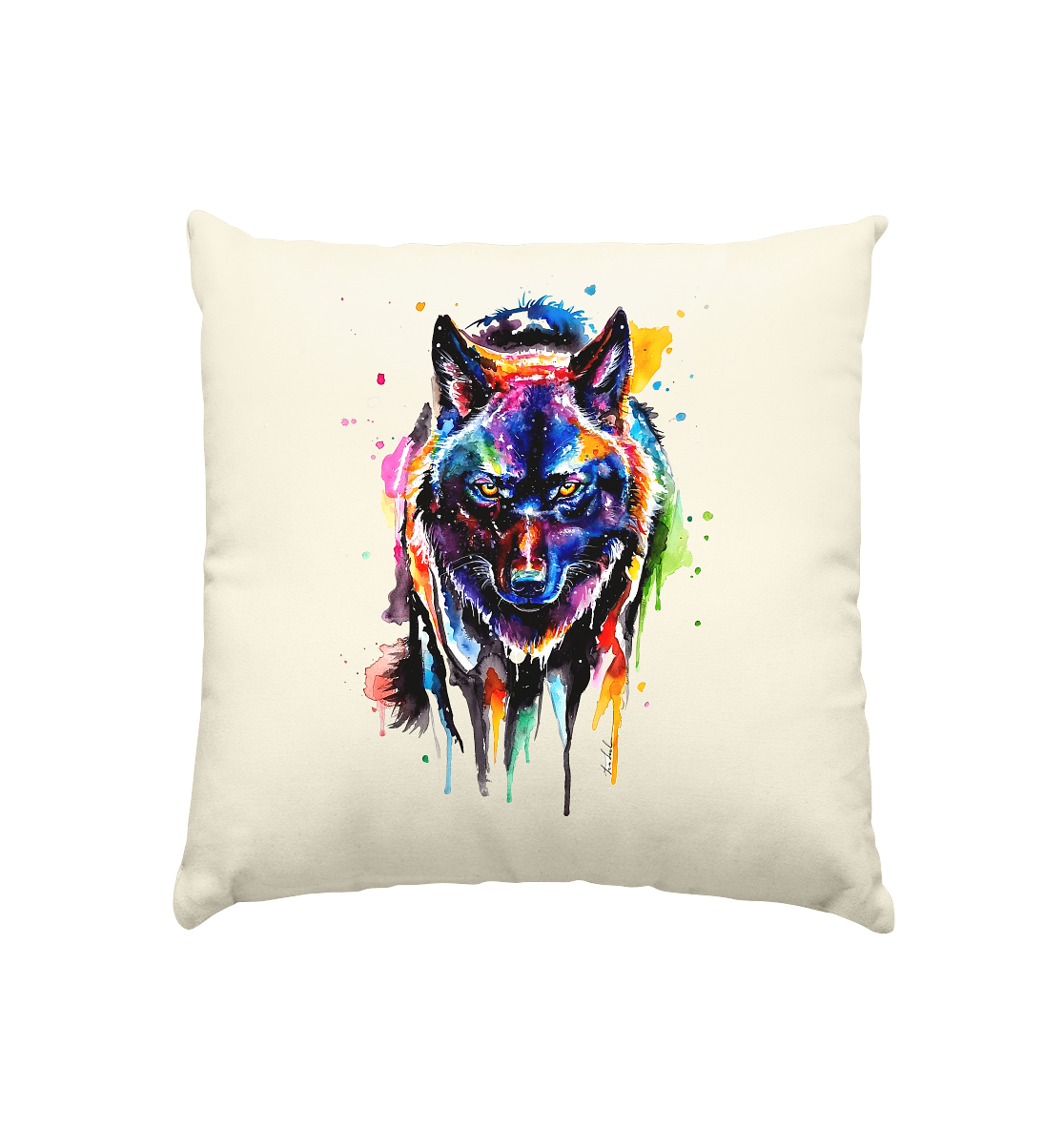 Bunter schwarzer Wolf - Kissen natur 40x40cm