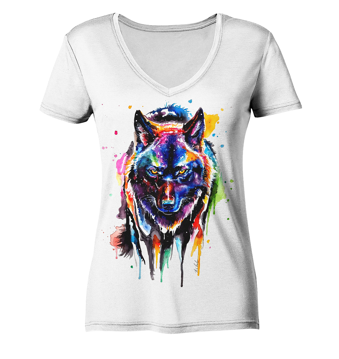 Bunter schwarzer Wolf - Ladies Organic V-Neck Shirt