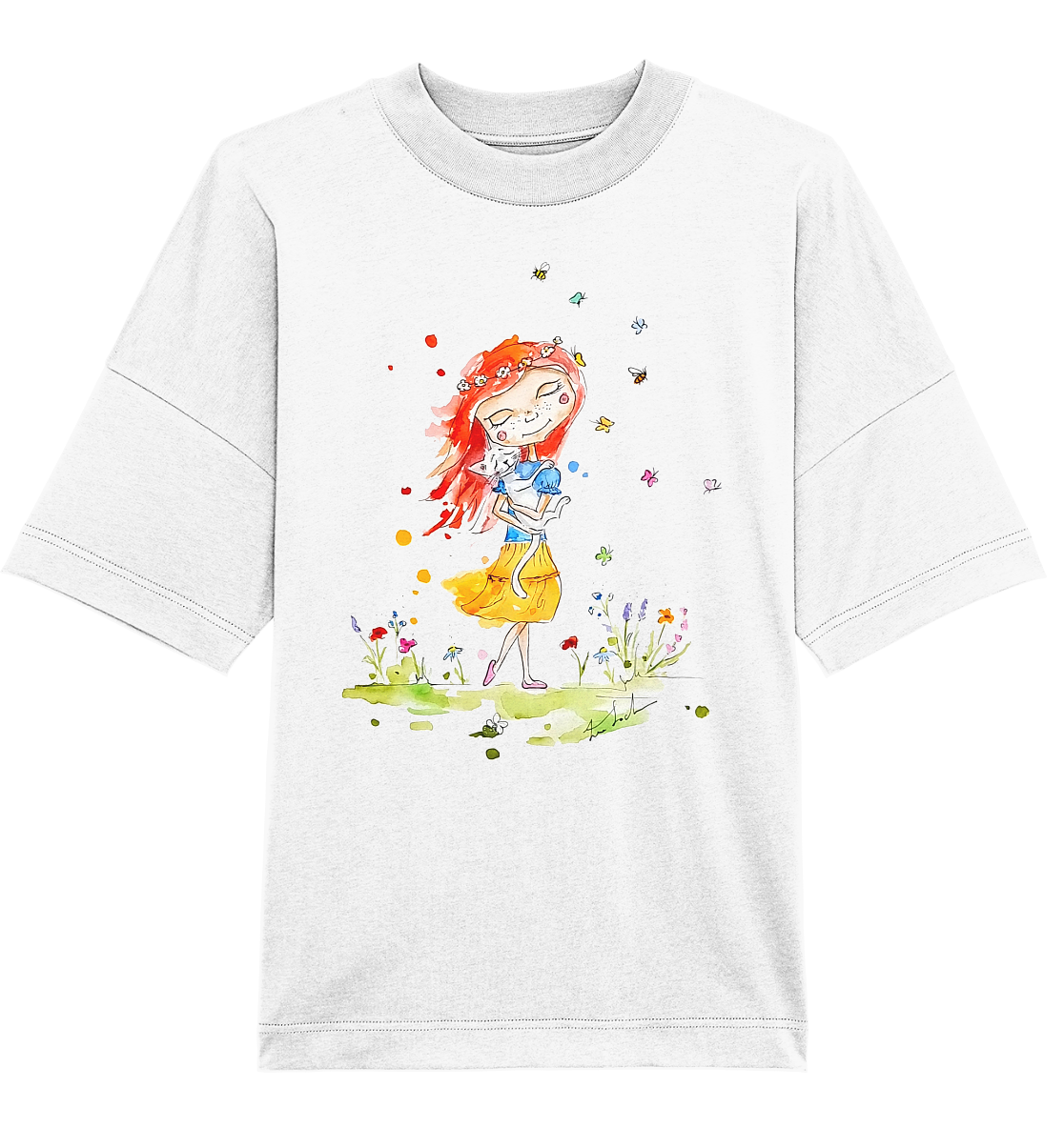 Sommerliches Mädchen mit Katze - Organic Oversize Shirt