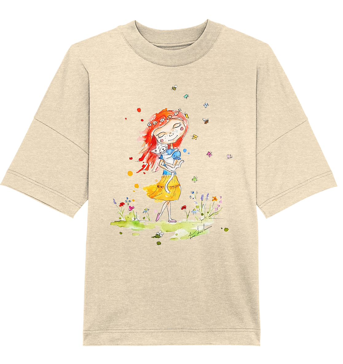 Sommerliches Mädchen mit Katze - Organic Oversize Shirt