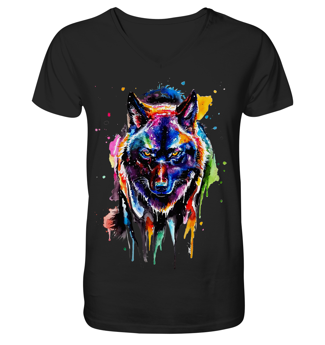 Bunter schwarzer Wolf - V-Neck Shirt