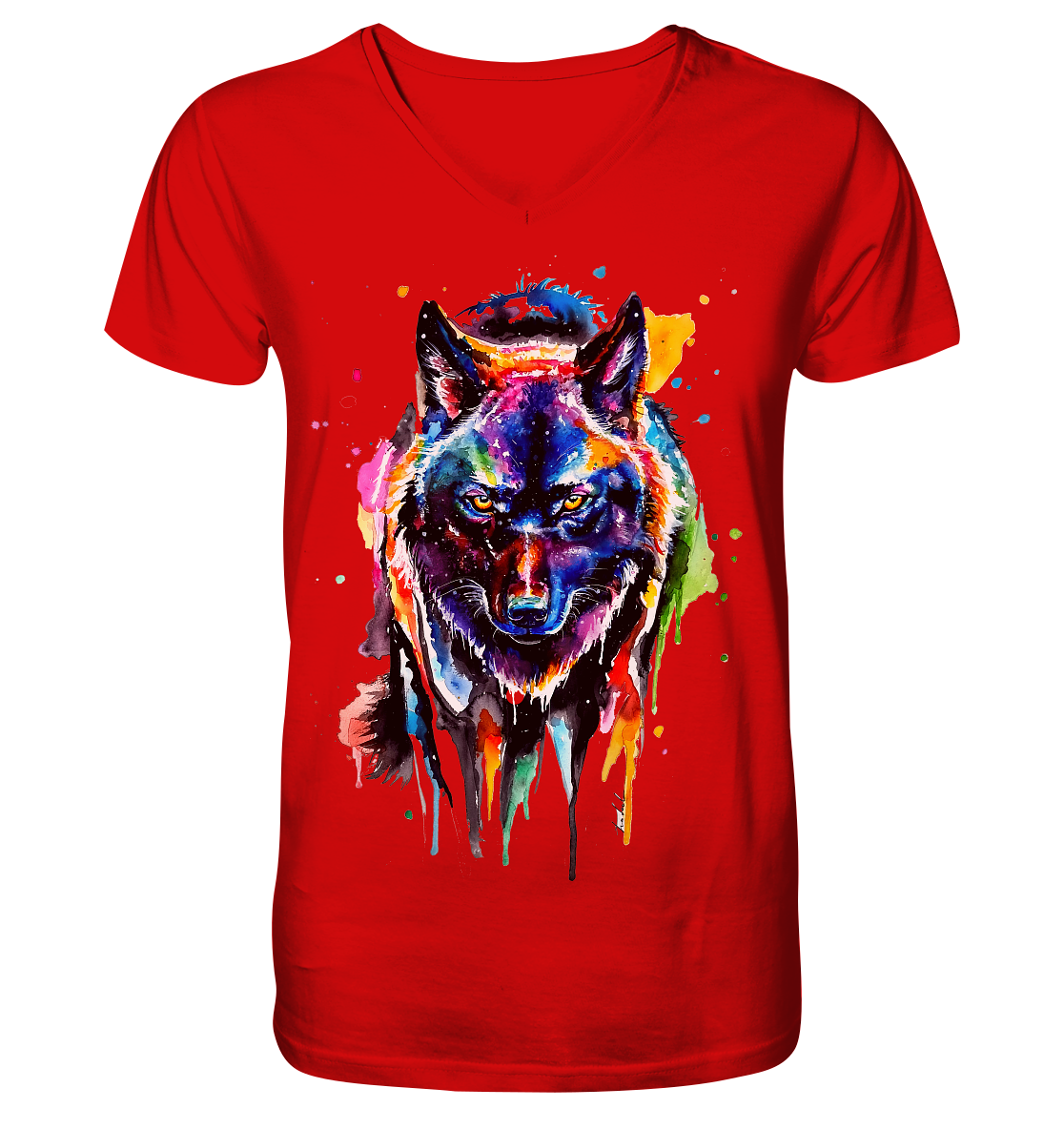 Bunter schwarzer Wolf - V-Neck Shirt
