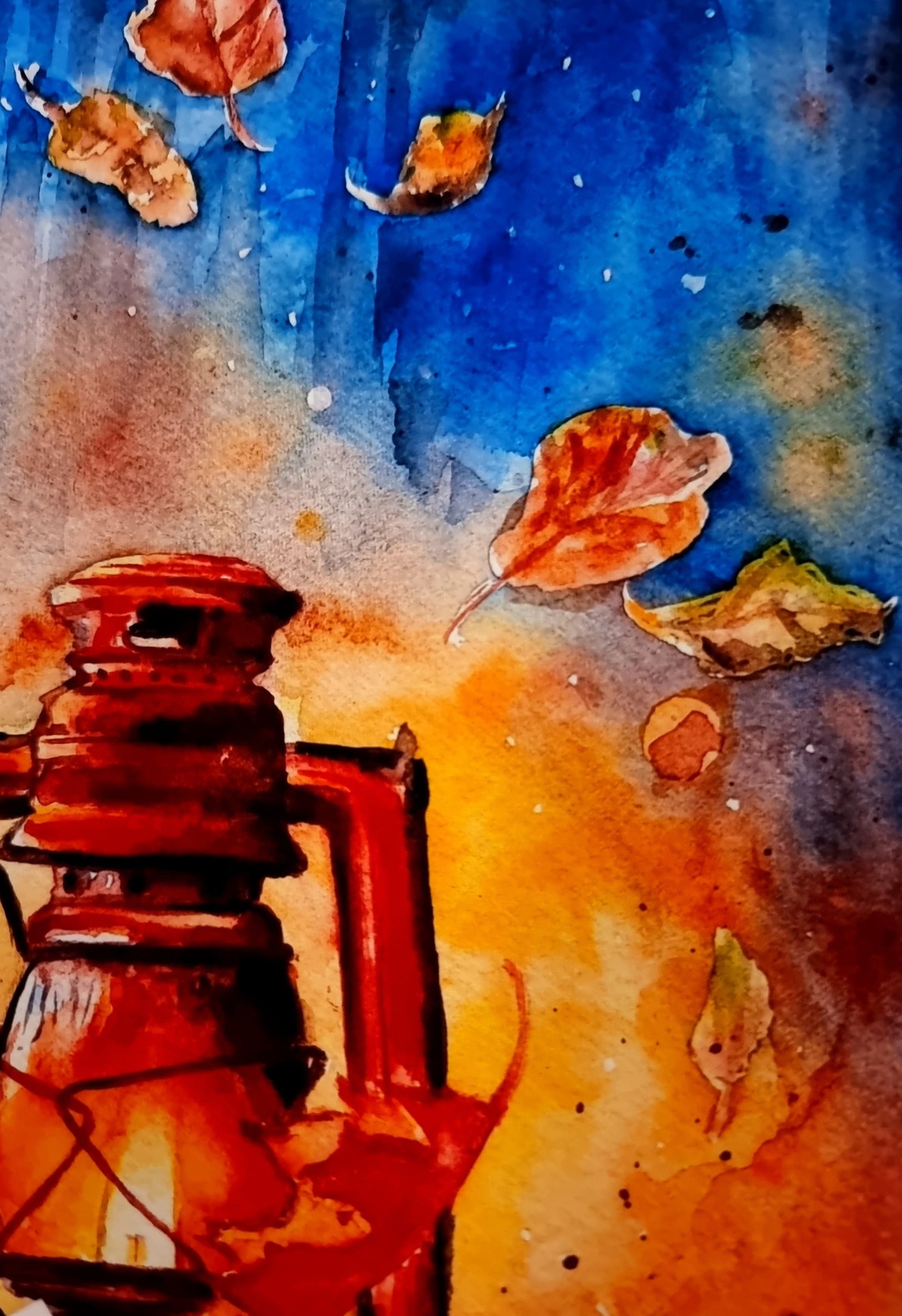Laterne im Herbst - farbenfroher Aquarellkunstdruck