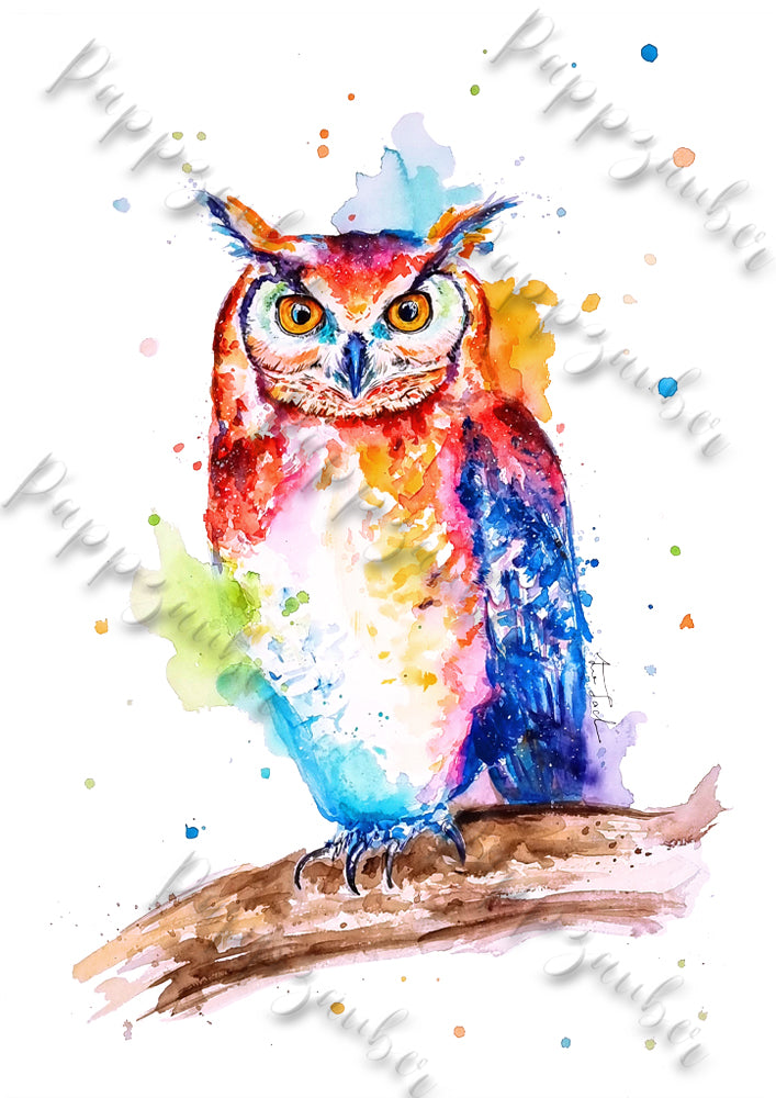 Bunte Eule in Aquarell - farbenfroher Kunstdruck - Eule Jano