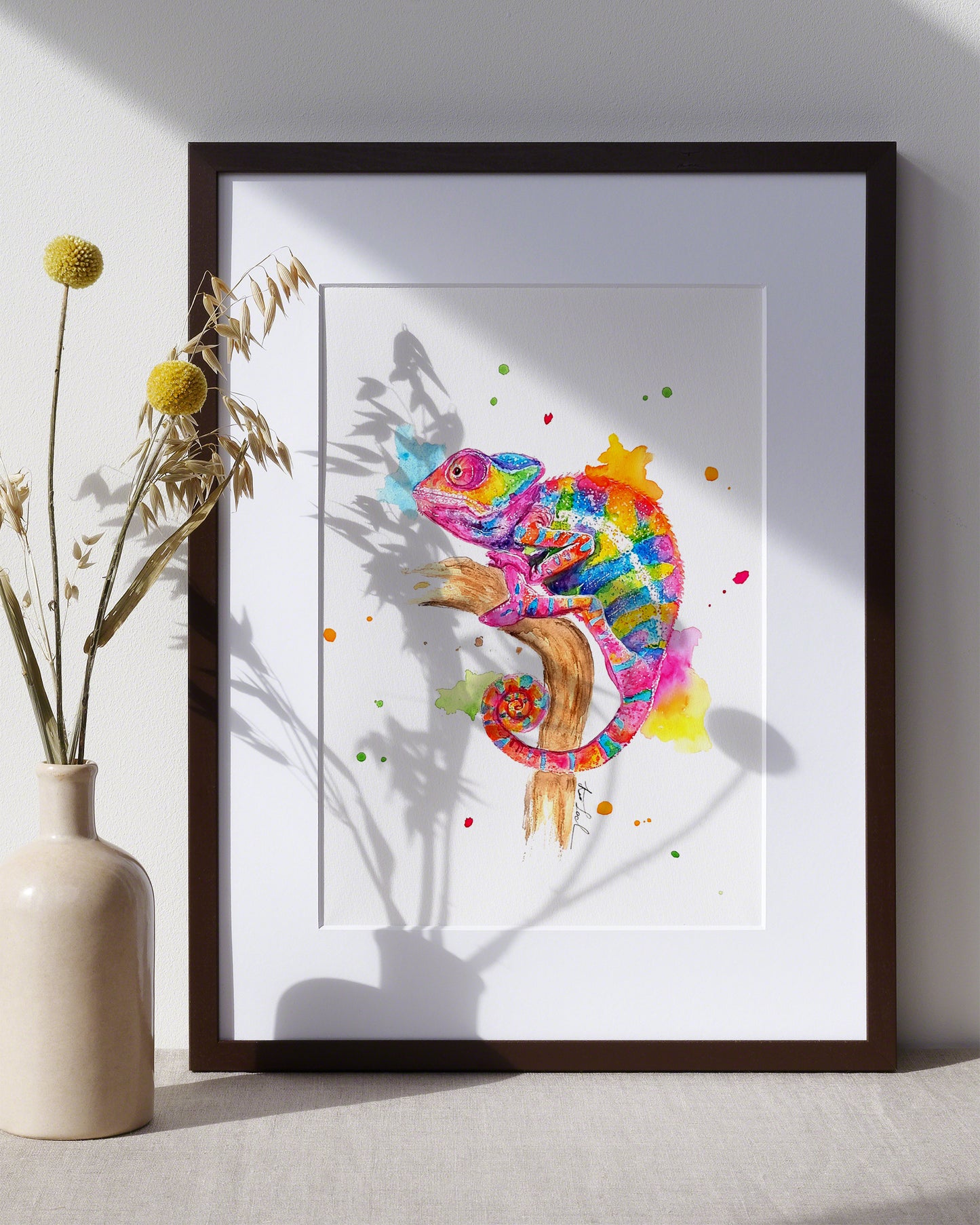 Buntes Chamäleon in Aquarell - Farbenfroher Kunstdruck - Chamäleon Freyja