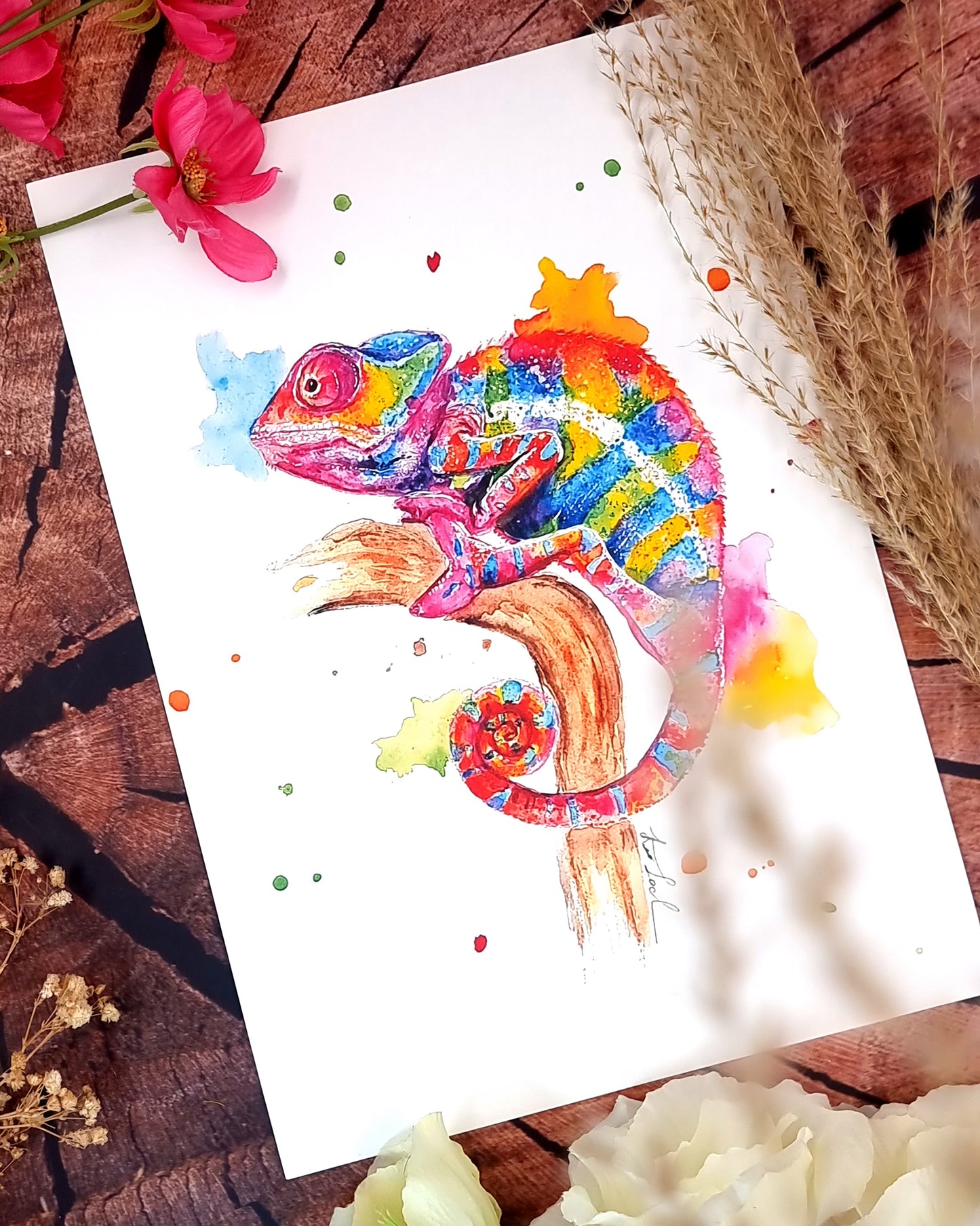 Buntes Chamäleon in Aquarell - Farbenfroher Kunstdruck - Chamäleon Freyja