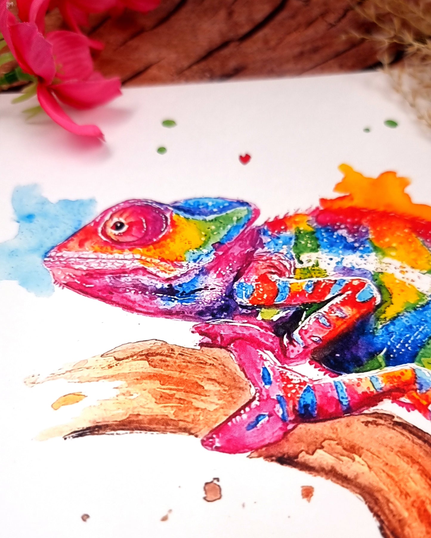 Buntes Chamäleon in Aquarell - Farbenfroher Kunstdruck - Chamäleon Freyja