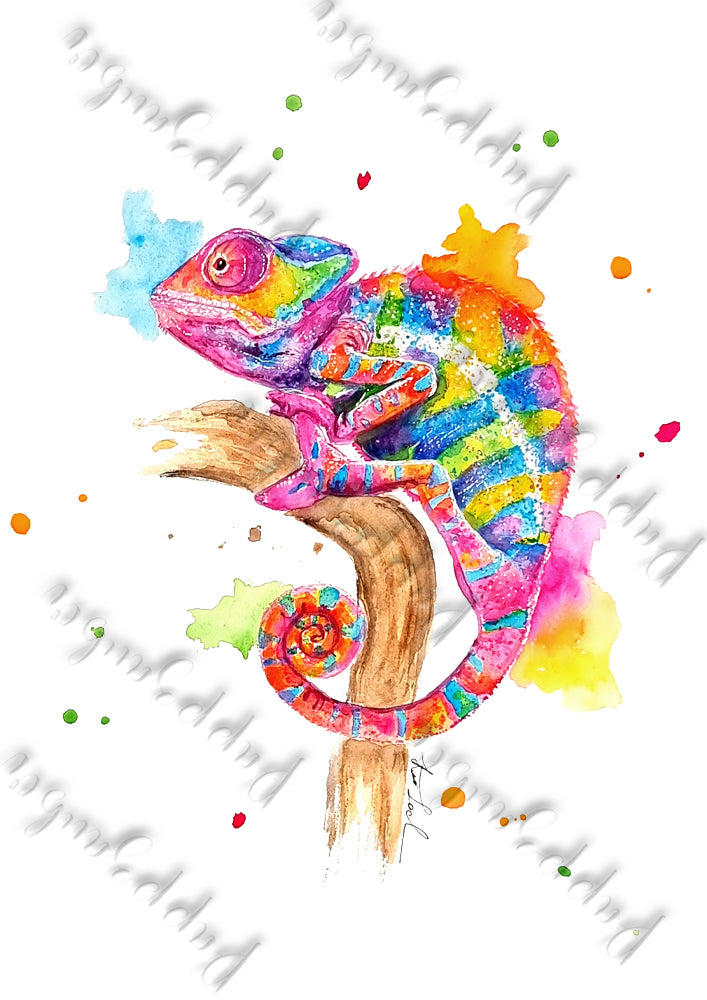 Buntes Chamäleon in Aquarell - Farbenfroher Kunstdruck - Chamäleon Freyja