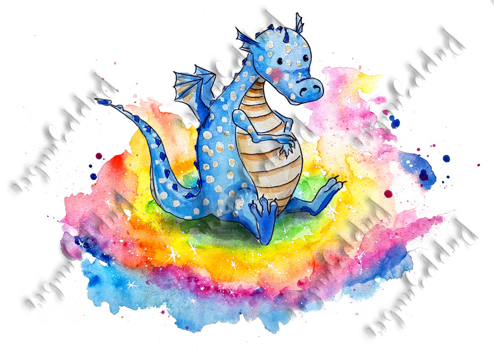 Drache Tiu sitzt - Aquarell Kunstdruck