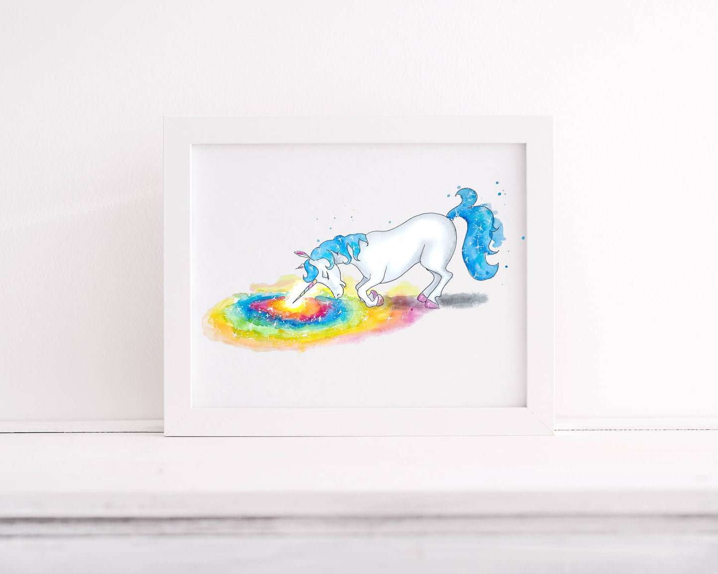 Buntes Einhorn kniet - Kunstdruck - Ruby