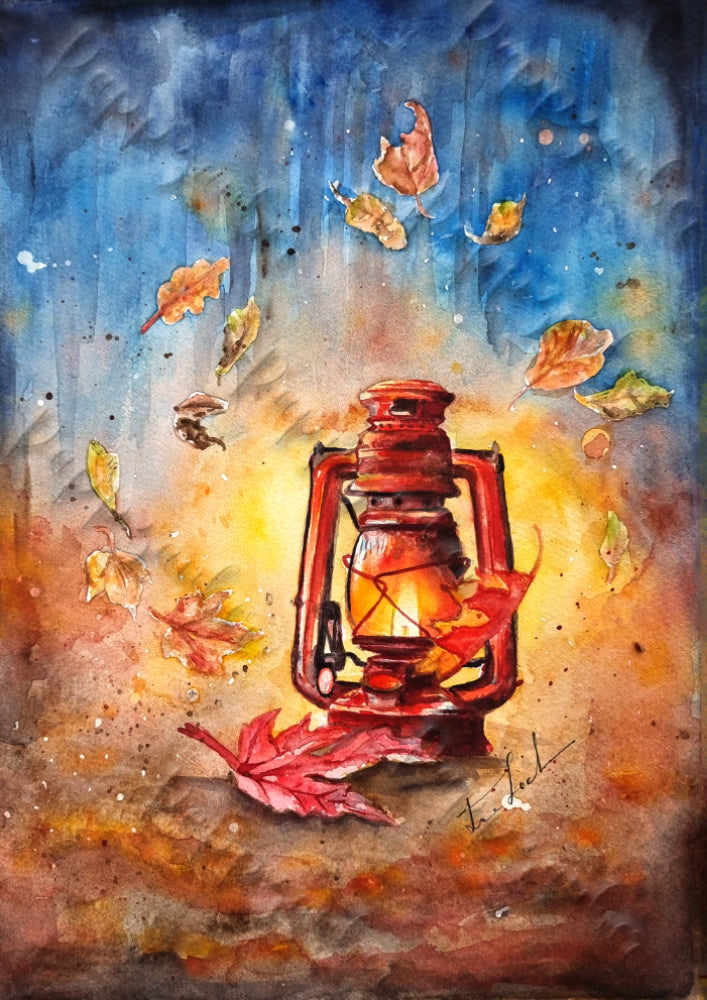 Laterne im Herbst - farbenfroher Aquarellkunstdruck