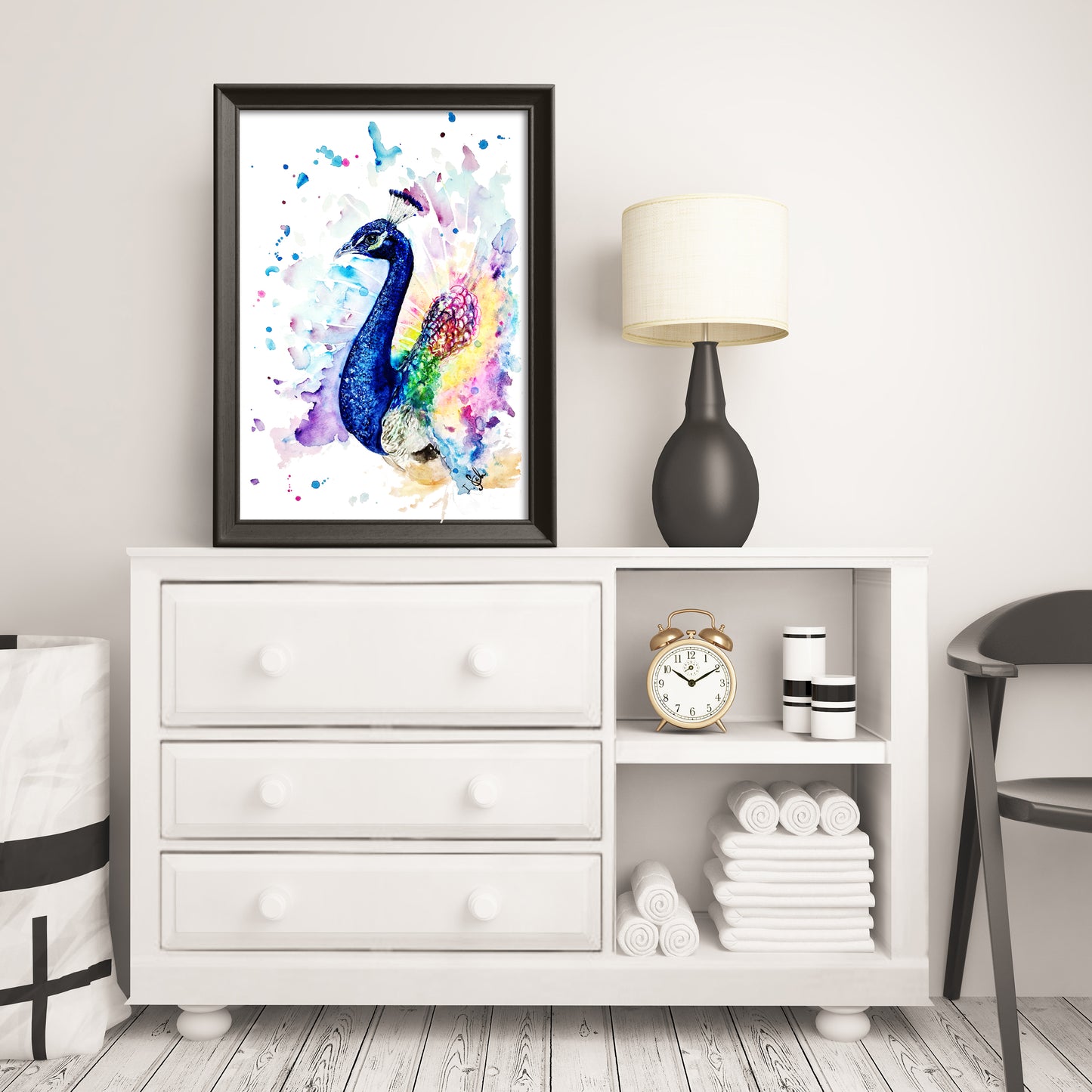 Pfau in Aquarell - farbenfroher Kunstdruck - Pfau Liam