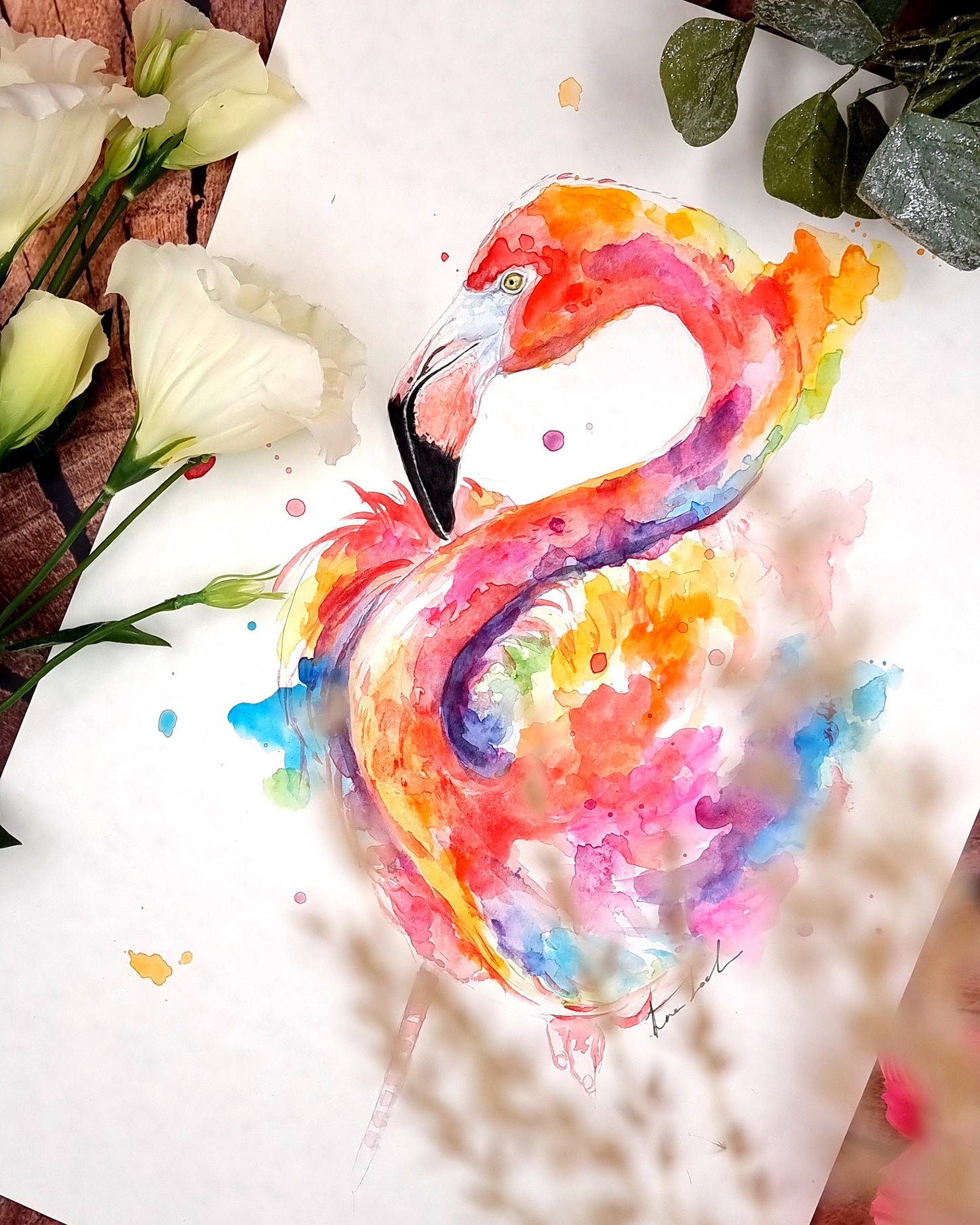 Flamingo in Aquarell - farbenfroher Kunstdruck - Flamingo Liya