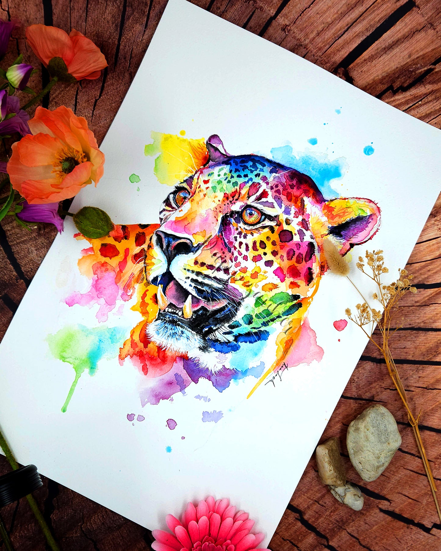Bunter Leopard in Aquarell - Farbenfroher Kunstdruck - Kyano