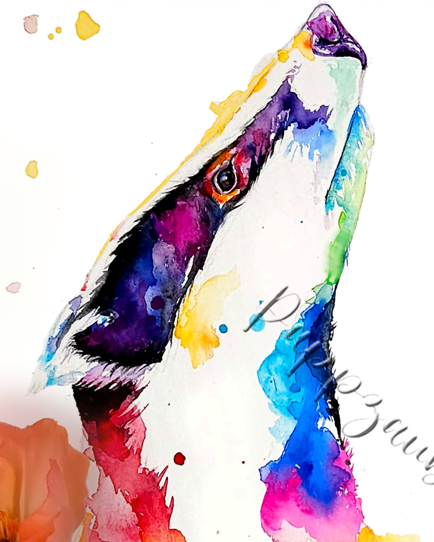 Bunter Dachs in Aquarell - Farbenfroher Kunstdruck - Dachs Danny