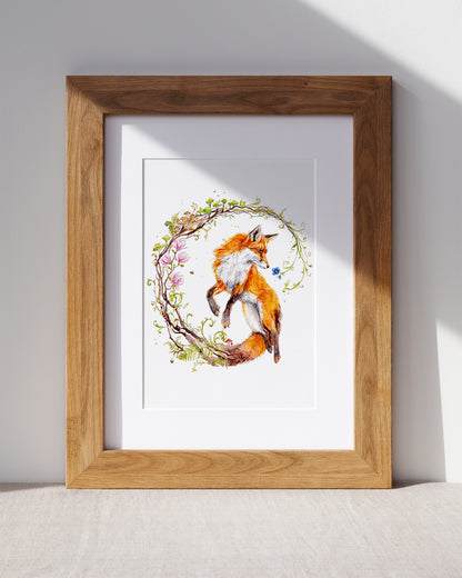 Springender Fuchs in Kreisillustration - Aquarell Kunstdruck
