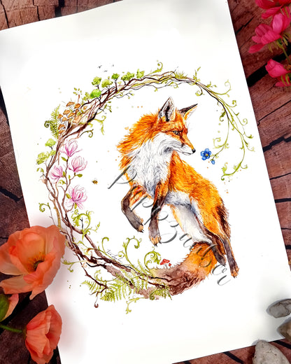 Springender Fuchs in Kreisillustration - Aquarell Kunstdruck