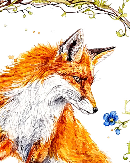 Springender Fuchs in Kreisillustration - Aquarell Kunstdruck