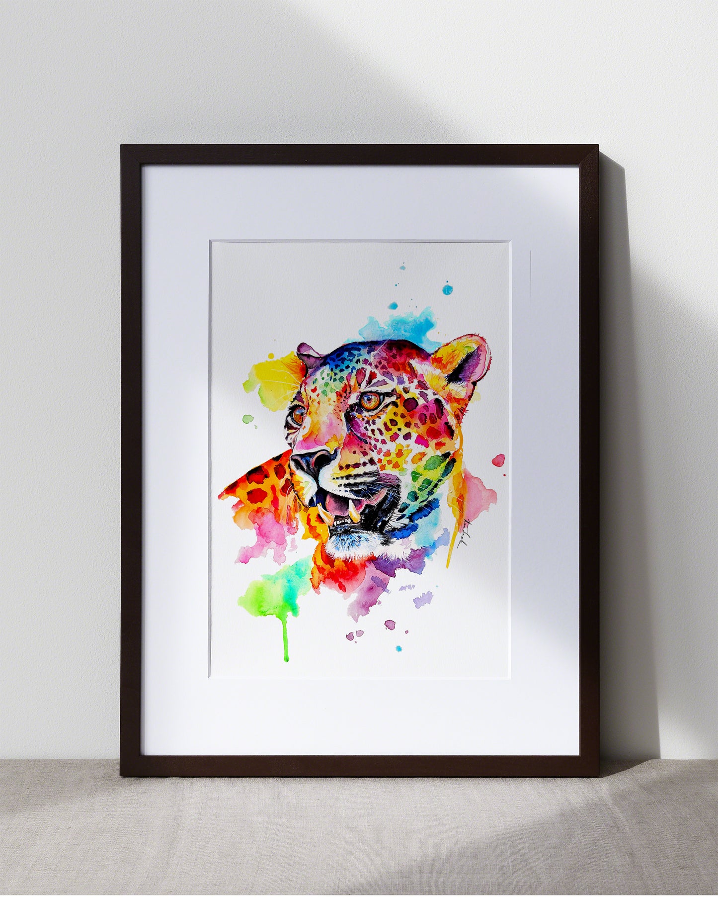 Bunter Leopard in Aquarell - Farbenfroher Kunstdruck - Kyano