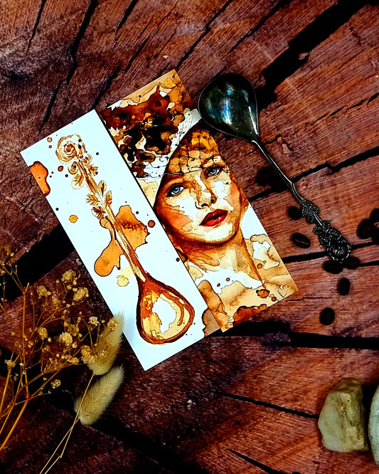 Lesezeichen mit Frauenportrait in Kaffee