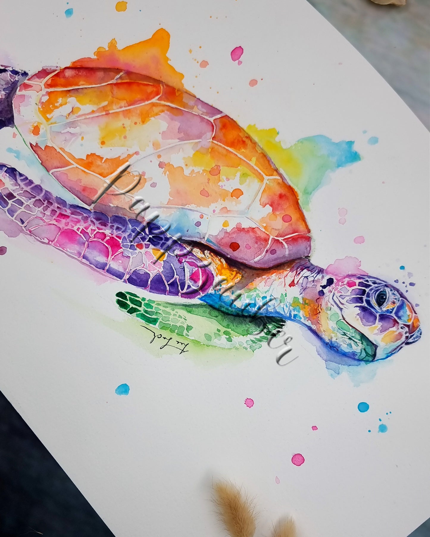 Meeresschildkröte Fjella - Farbenfrohes Aquarellgemälde (Kunstdruck)  -