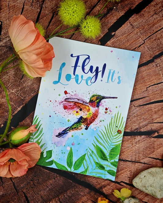 Notizbuch "Fly! It's Love" mit buntem Kolibri