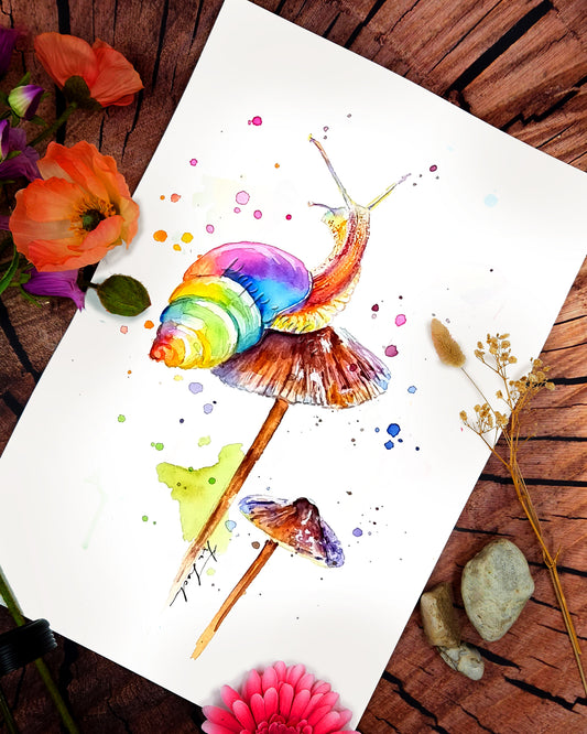 Aquarellbild von einer bunten Schnecke auf Pilzen - Minna