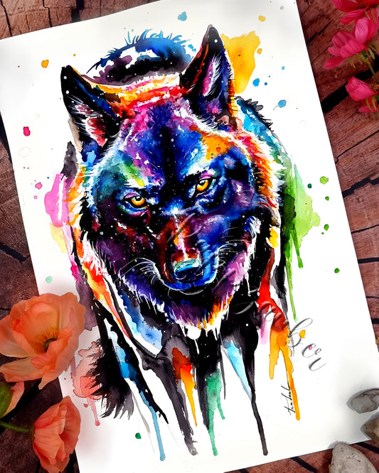 Aquarellbild von einem schwarzen Wolf - Yurek