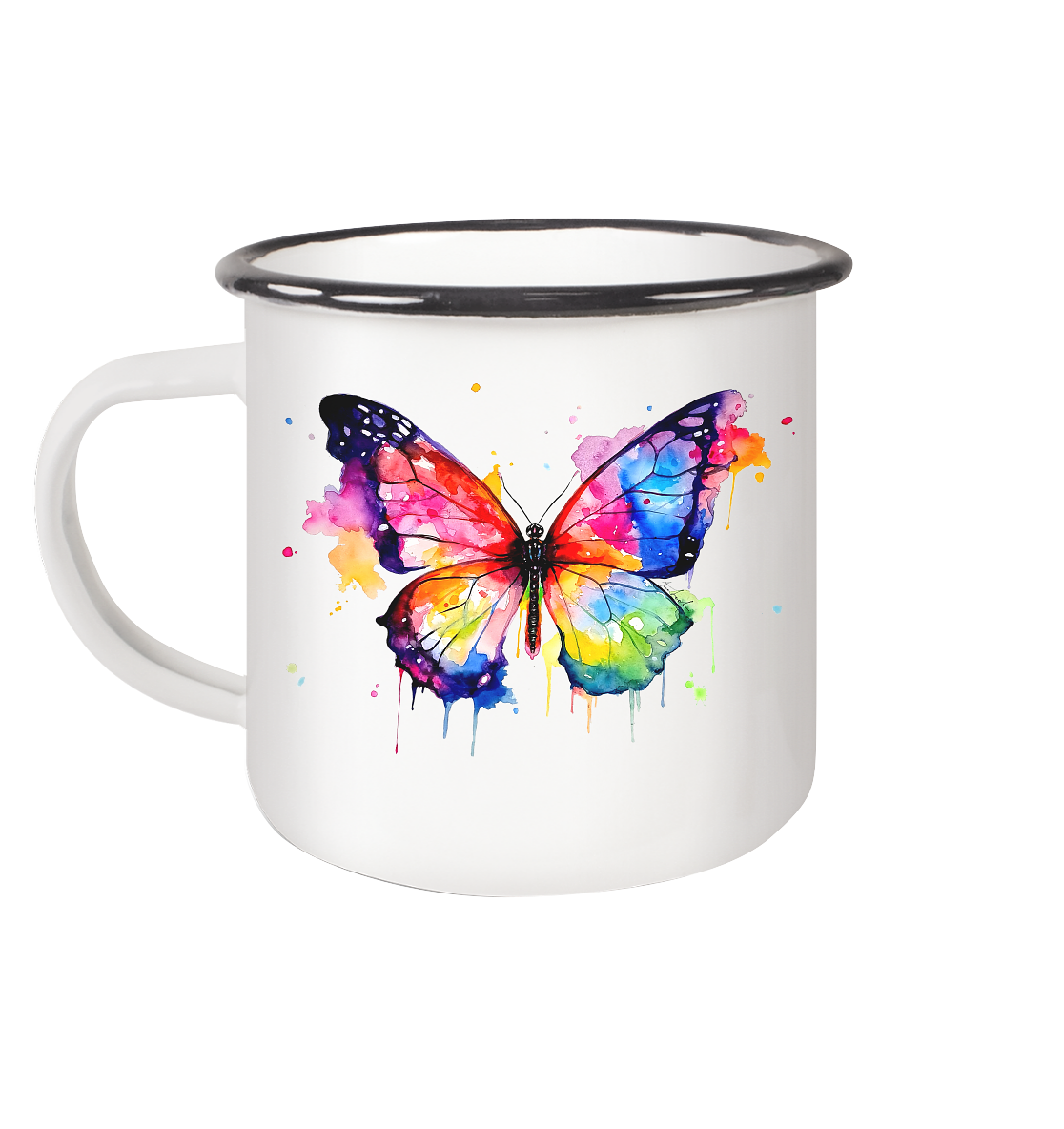 Tasse mit farbenfrohem Schmetterling in Aquarell - Emaille Tasse (Black)