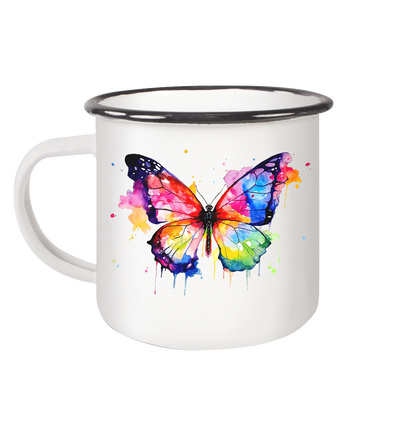 Tasse mit farbenfrohem Schmetterling in Aquarell - Emaille Tasse (Black)