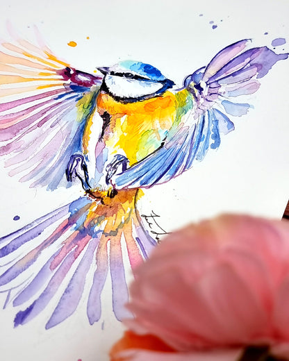 Blaumeise in Aquarell - Farbenfroher Kunstdruck