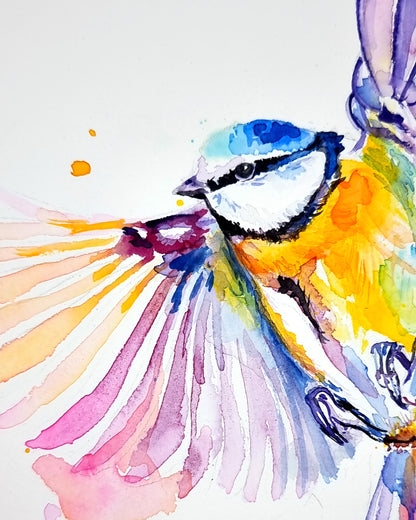 Blaumeise in Aquarell - Farbenfroher Kunstdruck