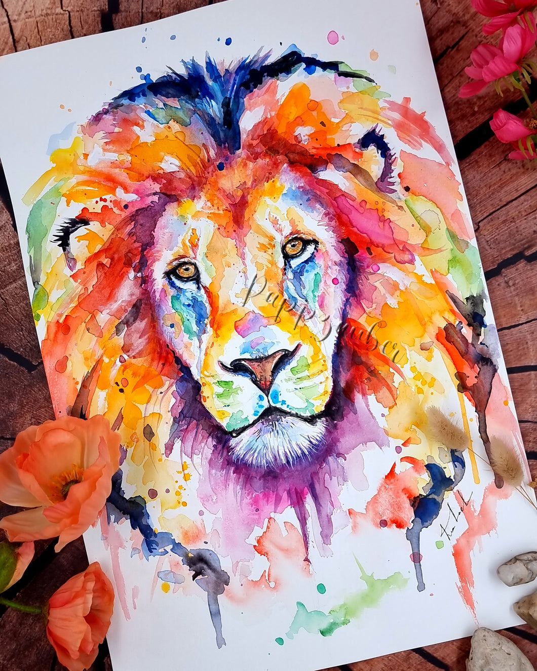 Bunter Löwe in Aquarell - Farbenfroher Kunstdruck - Löwe Sam