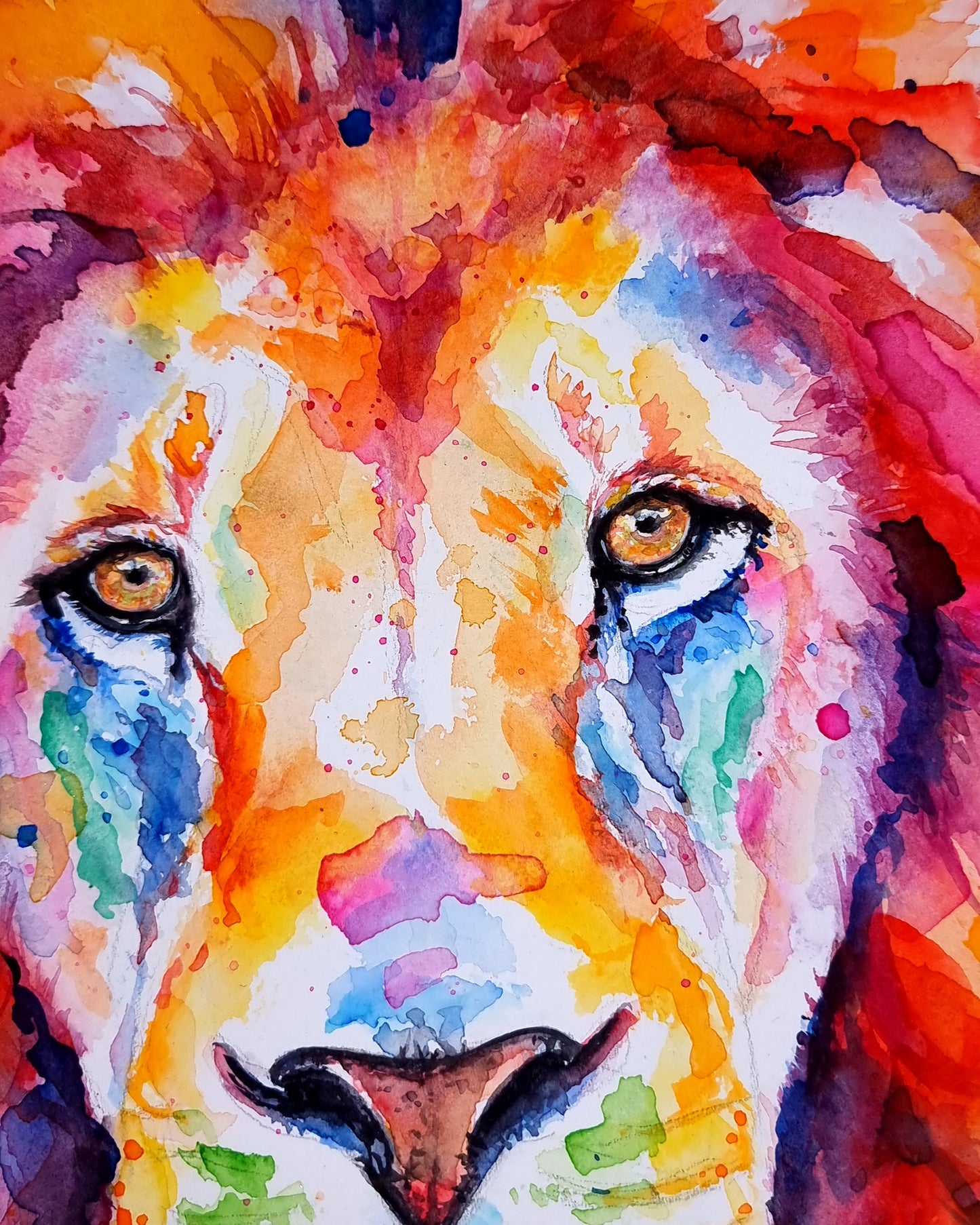 Bunter Löwe in Aquarell - Farbenfroher Kunstdruck - Löwe Sam