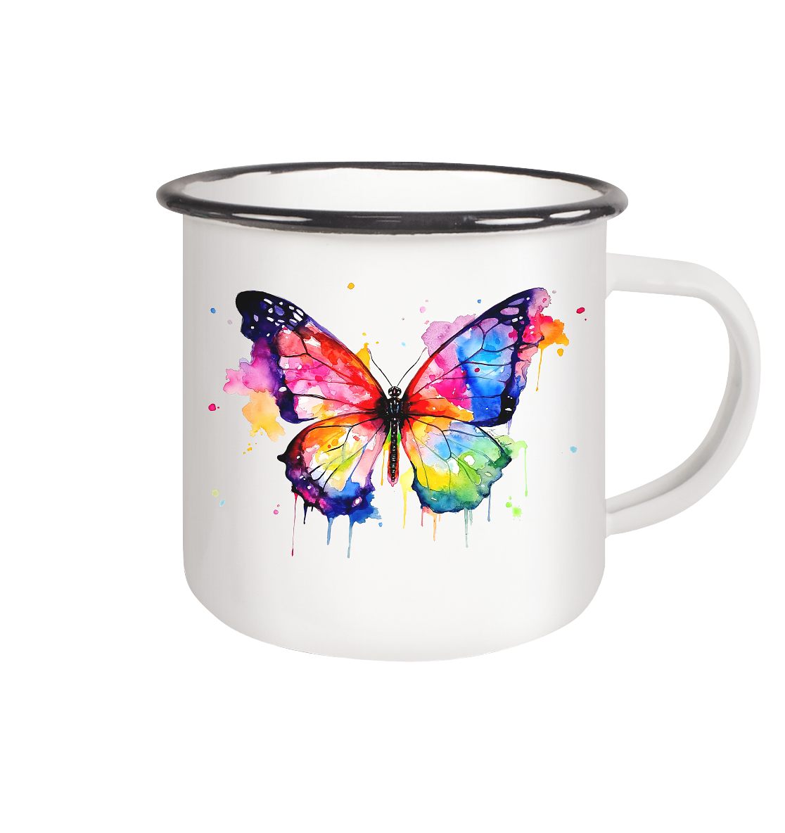 Tasse mit farbenfrohem Schmetterling in Aquarell - Emaille Tasse (Black)