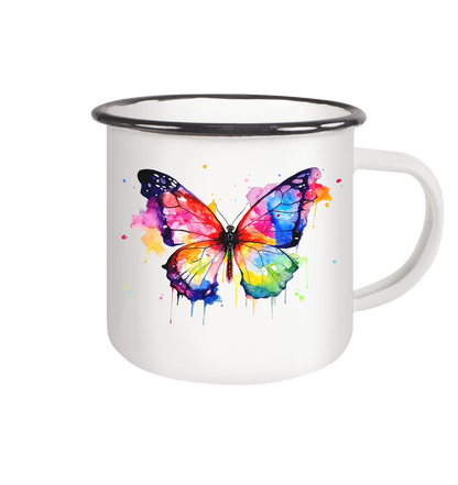 Tasse mit farbenfrohem Schmetterling in Aquarell - Emaille Tasse (Black)