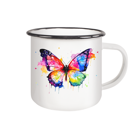 Tasse mit farbenfrohem Schmetterling in Aquarell - Emaille Tasse (Black)