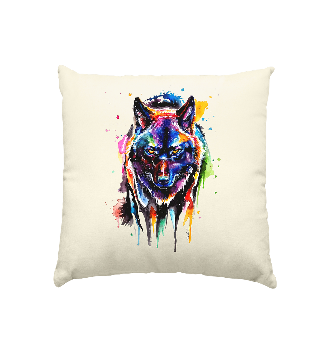 Bunter schwarzer Wolf - Kissen natur 40x40cm
