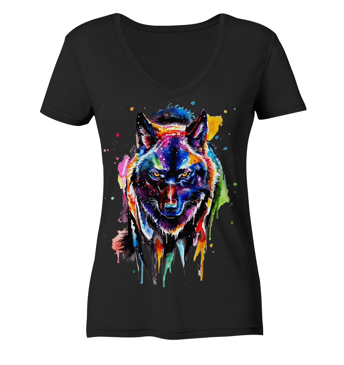 Bunter schwarzer Wolf - Ladies Organic V-Neck Shirt