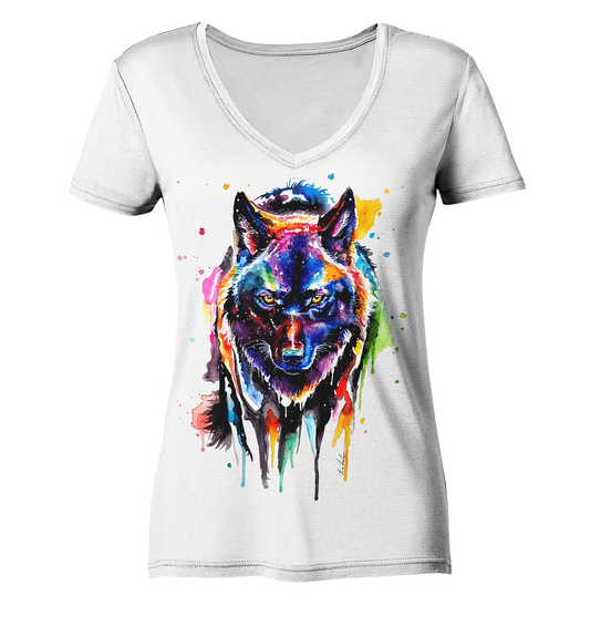 Bunter schwarzer Wolf - Ladies Organic V-Neck Shirt